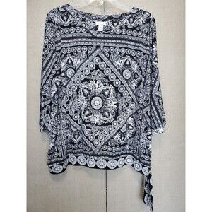 Chico's Black Medallion Print Side-Tie 3/4 Sleeve Blouse Size 2 Large